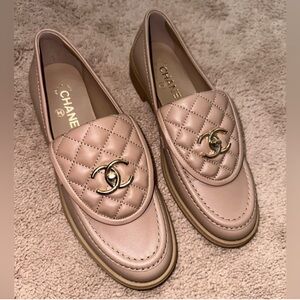 Chanel Quilted Turn Lock Beige Loafers